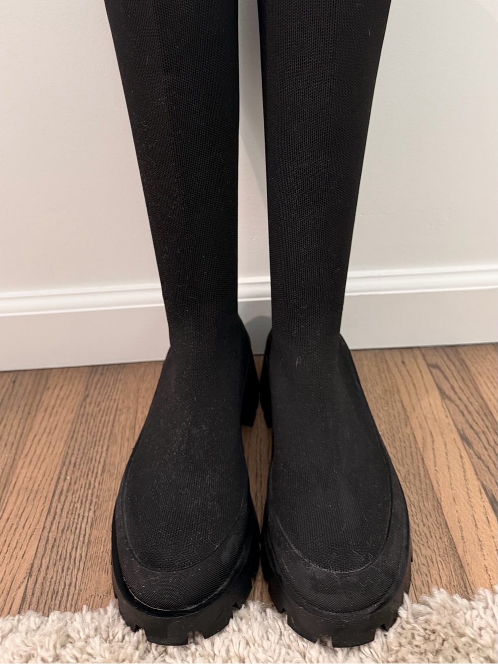 Zara Woman Black Stretch Knit Knee High Chunky Boots